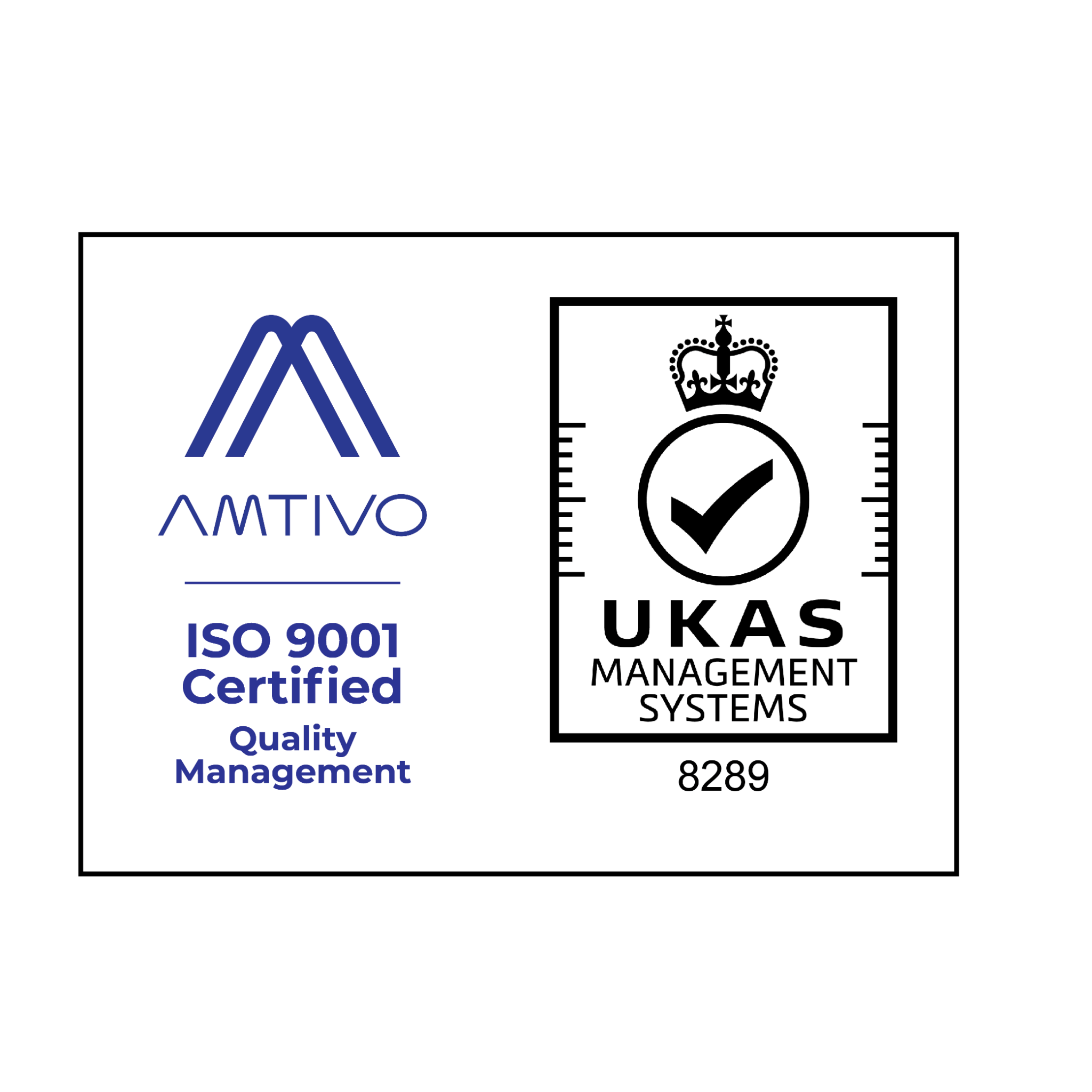 AMTIVO ISO 9001 Certified and UKAS Management Systems certification marks